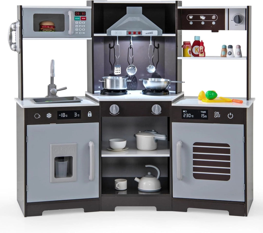 Cucina Giocattolo per Bambini, Cucina Legno per Bambini Con Forno, Microonde, Macchina del Ghiaccio, Macchina per Caffè, Lavello e Rubinetto, Con Suoni e Luci, per Bambini 3+ Anni (Bianco)