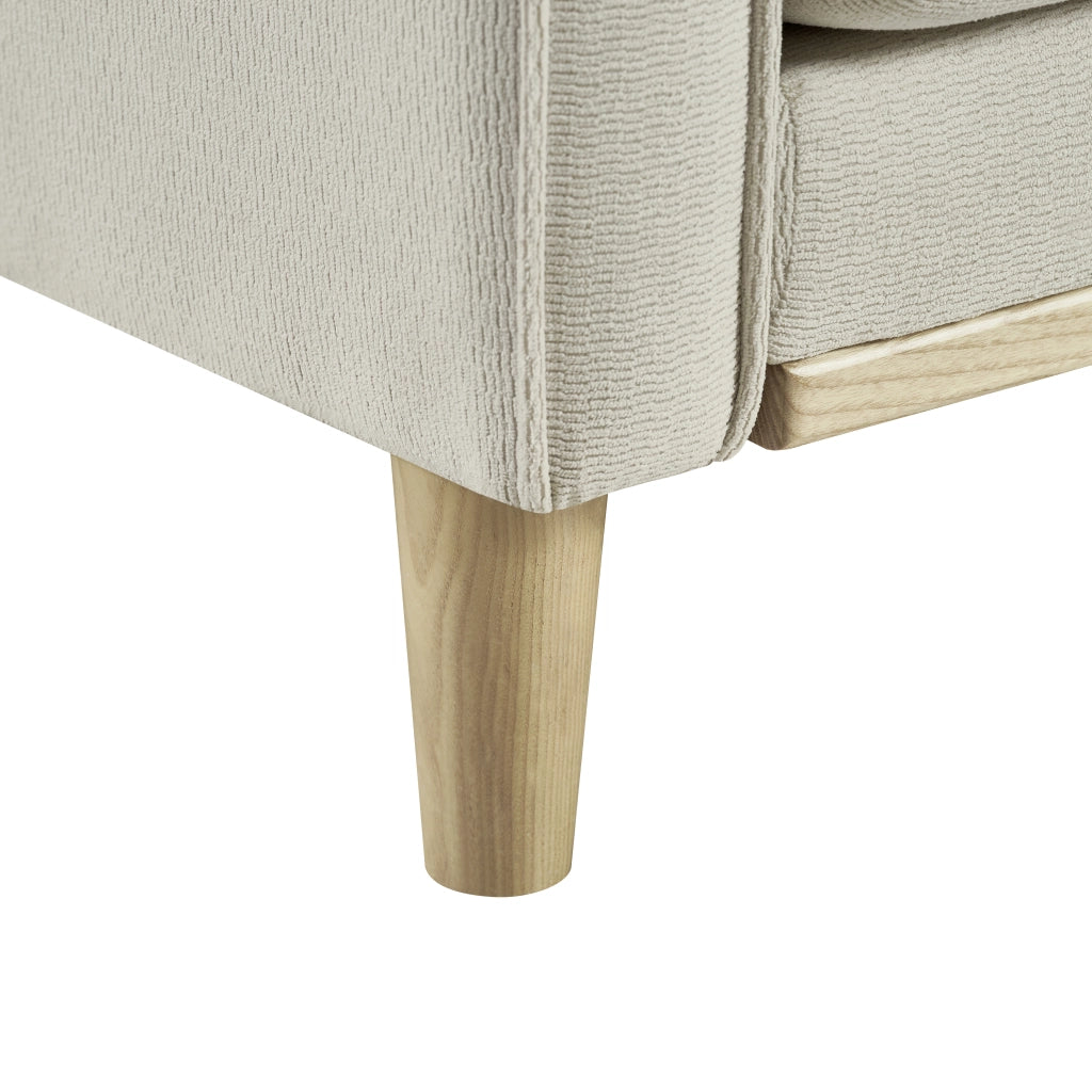 Divano a due posti con porta USB, cuscino spesso e braccioli sagomati per piccoli spazi in legno e tessuto beige