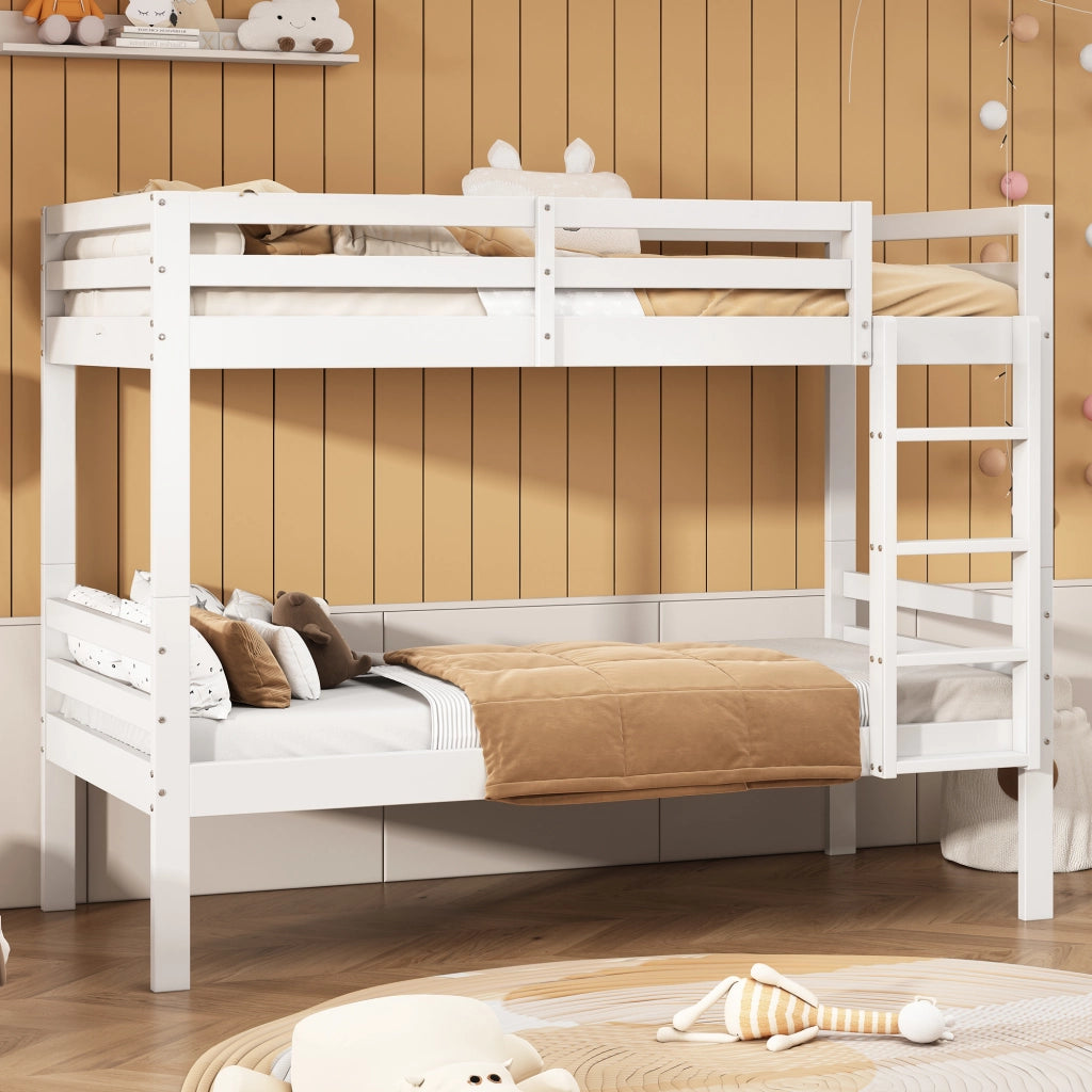 OKWISH Letto a Castello 90×200 cm, Letto Singolo 2 Posti con Scala ad Angolo, Sponda di Sicurezza e Separabile, senza Materasso, Bianco