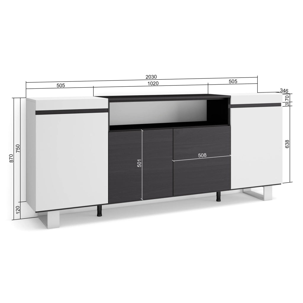 Credenza, Mobile, 200x35x87cm, 4 Porte, Design industriale, Bianco e nero RF2301