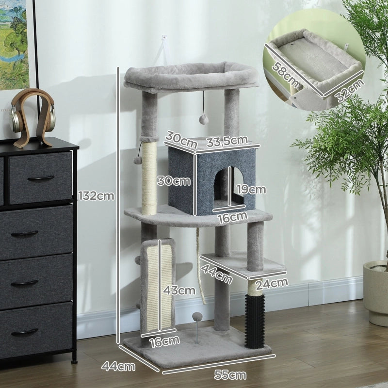 Albero per Gatti 132 cm con Tiragraffi, Cuccia e Casetta, Grigio Chiaro