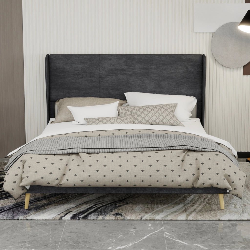 Letto Matrimoniale 160x200 cm con Testiera Imbottita in Tessuto e Metallo; Grigio