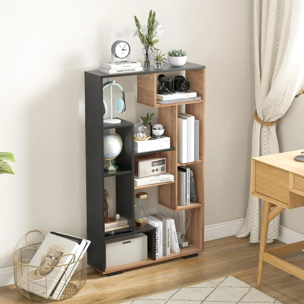 Libreria Geometrica 120 cm, Scaffale per Libri con Ripiani Aperti, Scaffale da Esposizione Moderno con Kit Anti-ribaltamento, Ideale per Casa Ufficio o Soggiorno (Nero+Marrone)