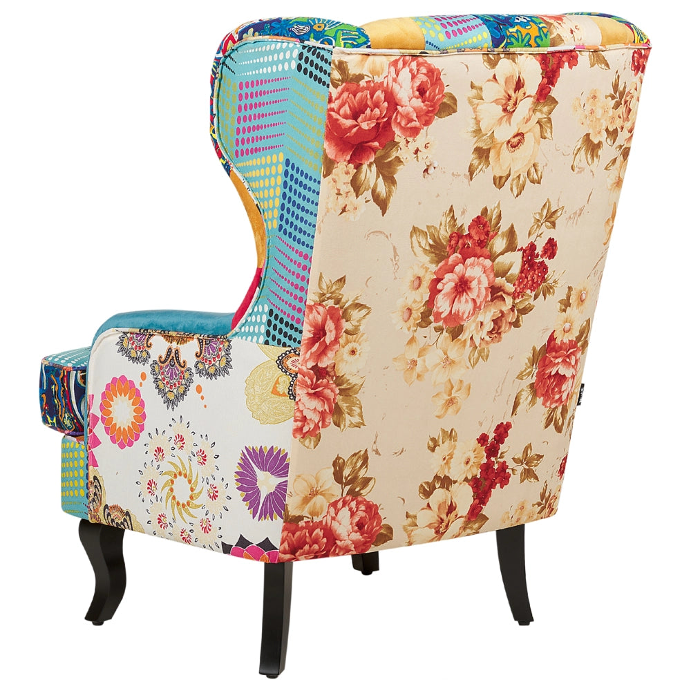 Poltrona Wingback Poltrona Patchwork Tessuto Multicolore base blu Gambe in Legno capitonné