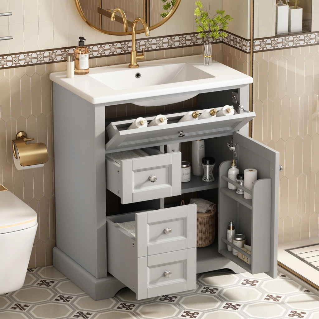 Mobile bagno con lavabo 76x46x87 cm con cassetti silenziosi; MDF e ceramica grigio