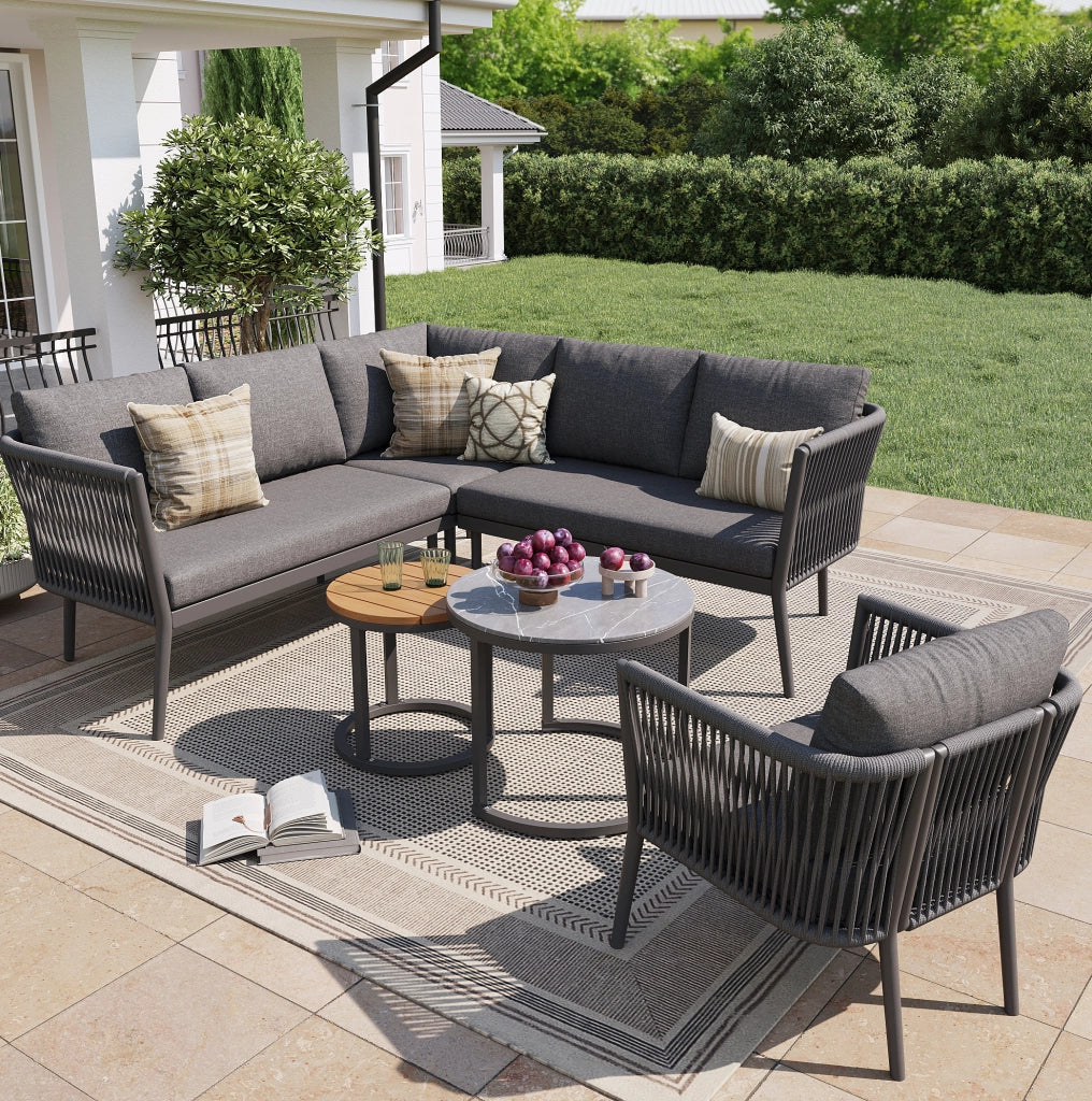 Set lounge da esterno modulare 6 pezzi con 2 tavolini; metallo e olefina; grigio
