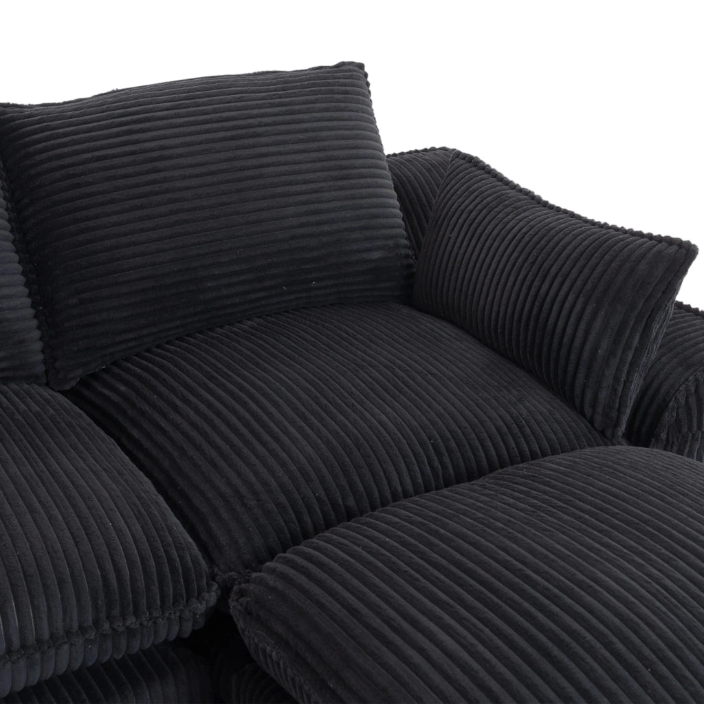 Divano modulare 4 posti in velluto a coste nero con 2 poggiapiedi; 335x167x85 cm