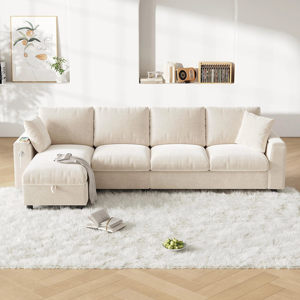 Divano angolare in L - Xylo - Chenille, USB-C, tavolo ribaltabile, beige