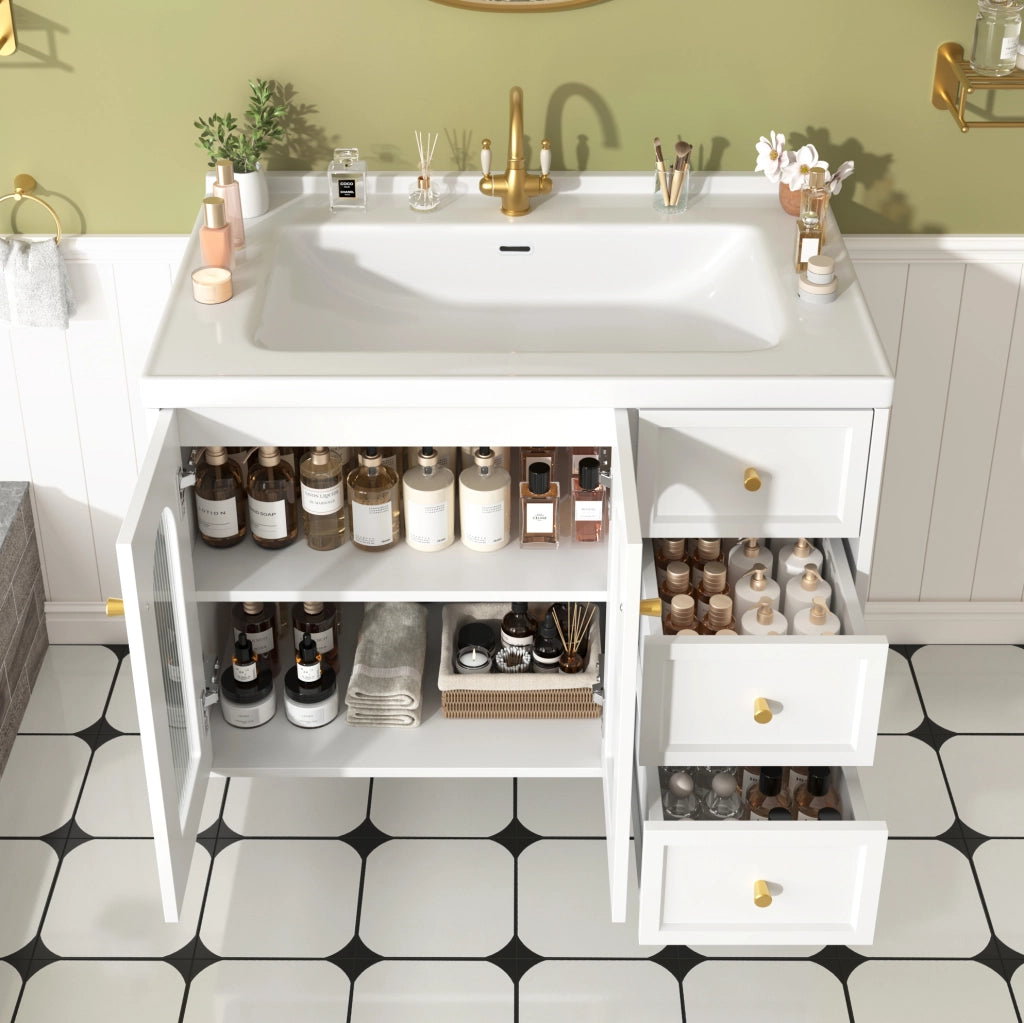 Mobile bagno sospeso 80 cm con lavabo in ceramica; 2 cassetti e ante in vetro; bianco