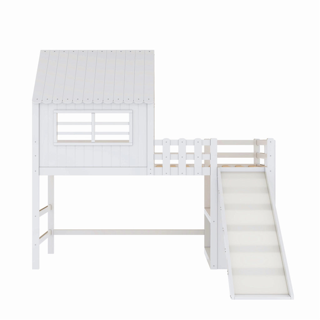 Letto a soppalco 90 × 200 cm con scivolo scala e ripiani in legno e MDF bianco con rete a doghe inclusa