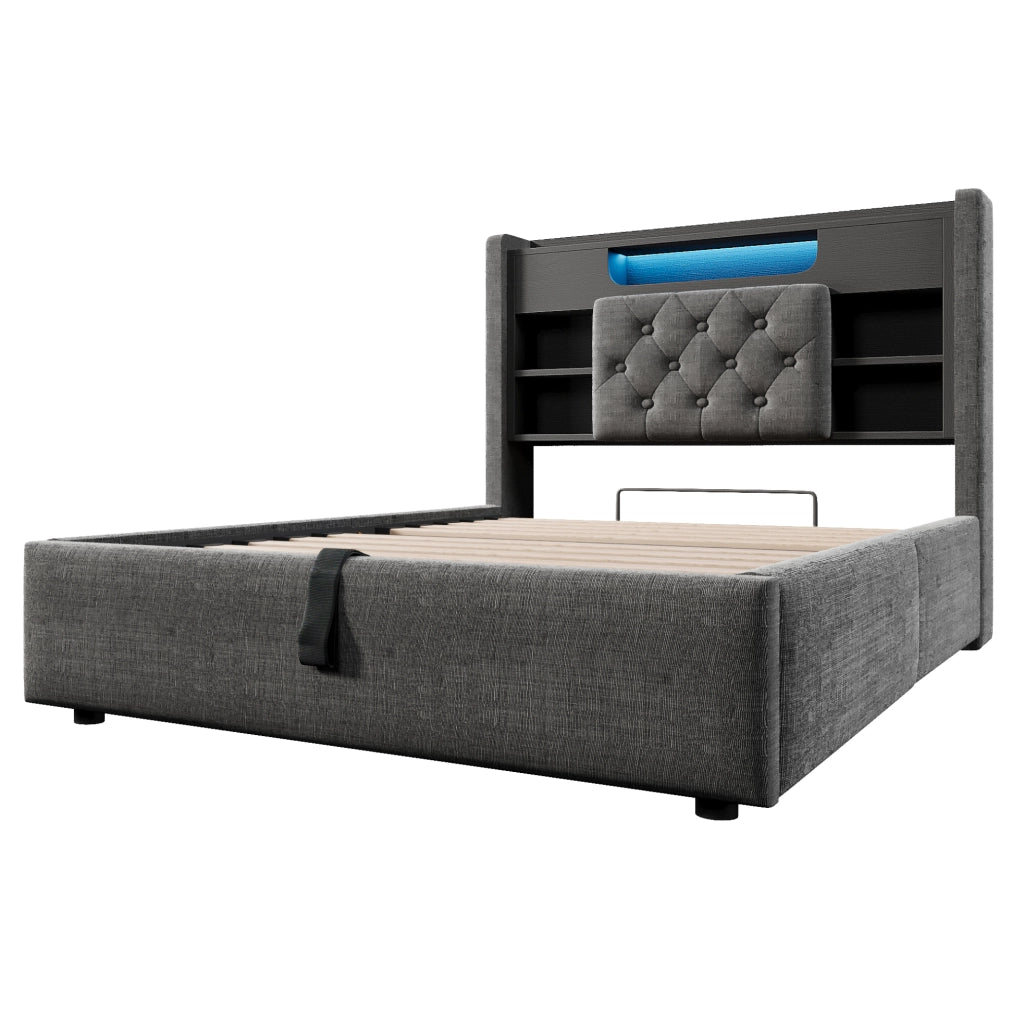 Letto imbottito ULEVR 90x200 cm con contenitore idraulico, LED, USB e Type-C, testiera con ripiani, grigio