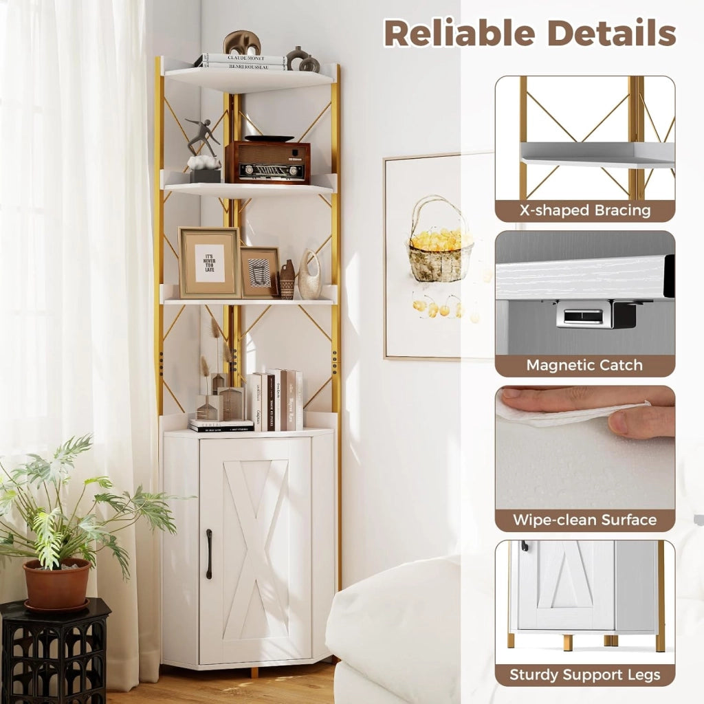 Mensola angolare in piedi con armadio e 6 livelli, 180 cm alto con ripiano regolabile a 5 livelli, vetrina angolare indipendente con porta, scaffale industriale (bianco)