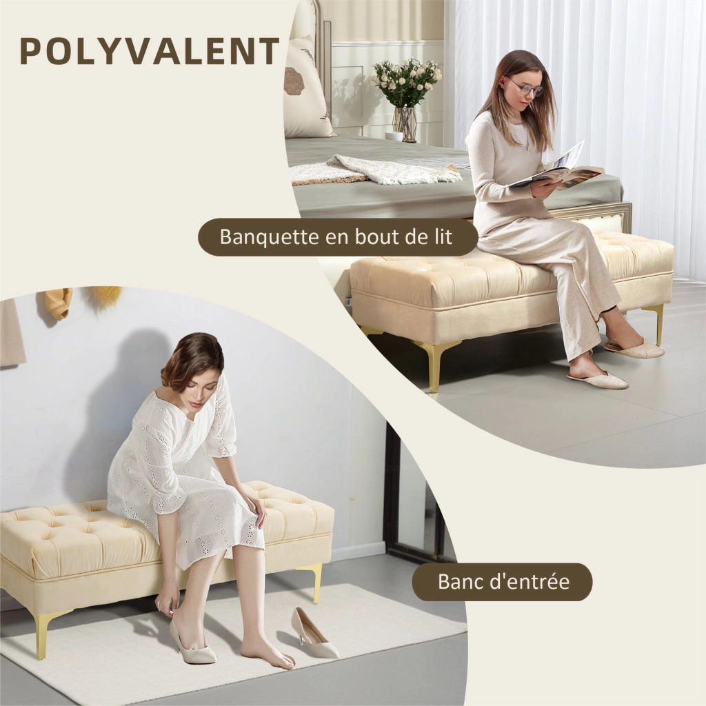 Panca imbottita capitonn¨¦ in velluto beige ¨C Xylo ¨C 118x45x42 cm piedi in metallo dorato