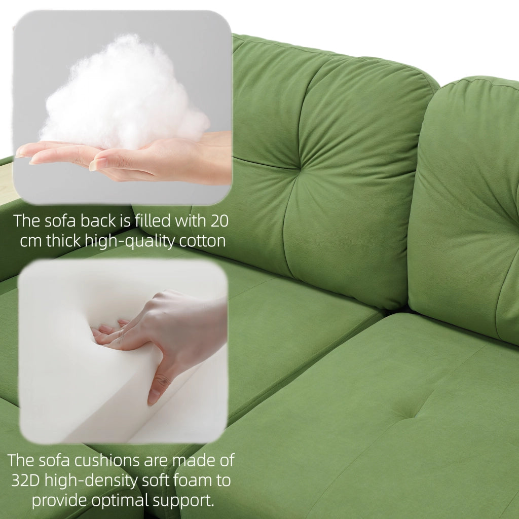 Divano angolare modulare con chaise longue estraibile, USB e spazio contenitore in velluto verde per soggiorno