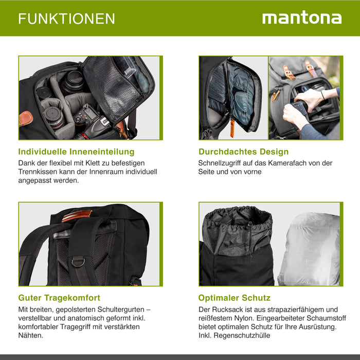 Mantona Luis junior retro Zaino fotografico (con applicazioni in vera pelle, inclusa copertura antipioggia, organizzazione flessibile e scomparto per tablet per 1x fotocamera DSLR, 1-2 obiettivi) nero