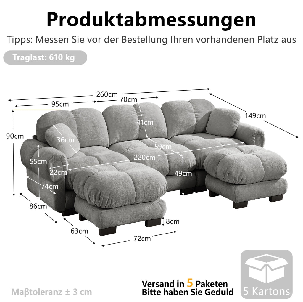 Divano modulare in chenille grigio chiaro 260x149x90 cm; configurazione a U o L con pouf mobile