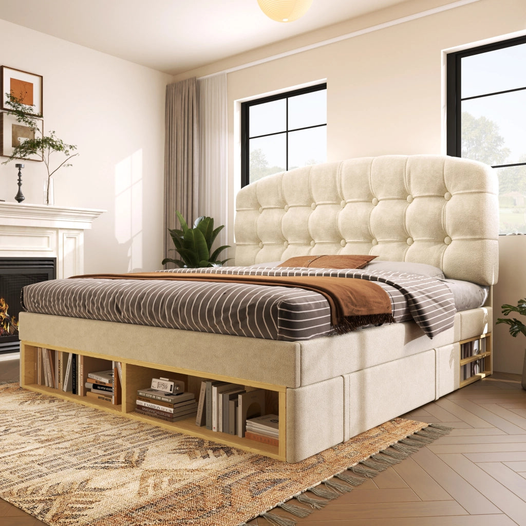 LETTO imbottito 90x200 cm in velluto beige con testiera regolabile e cassetti