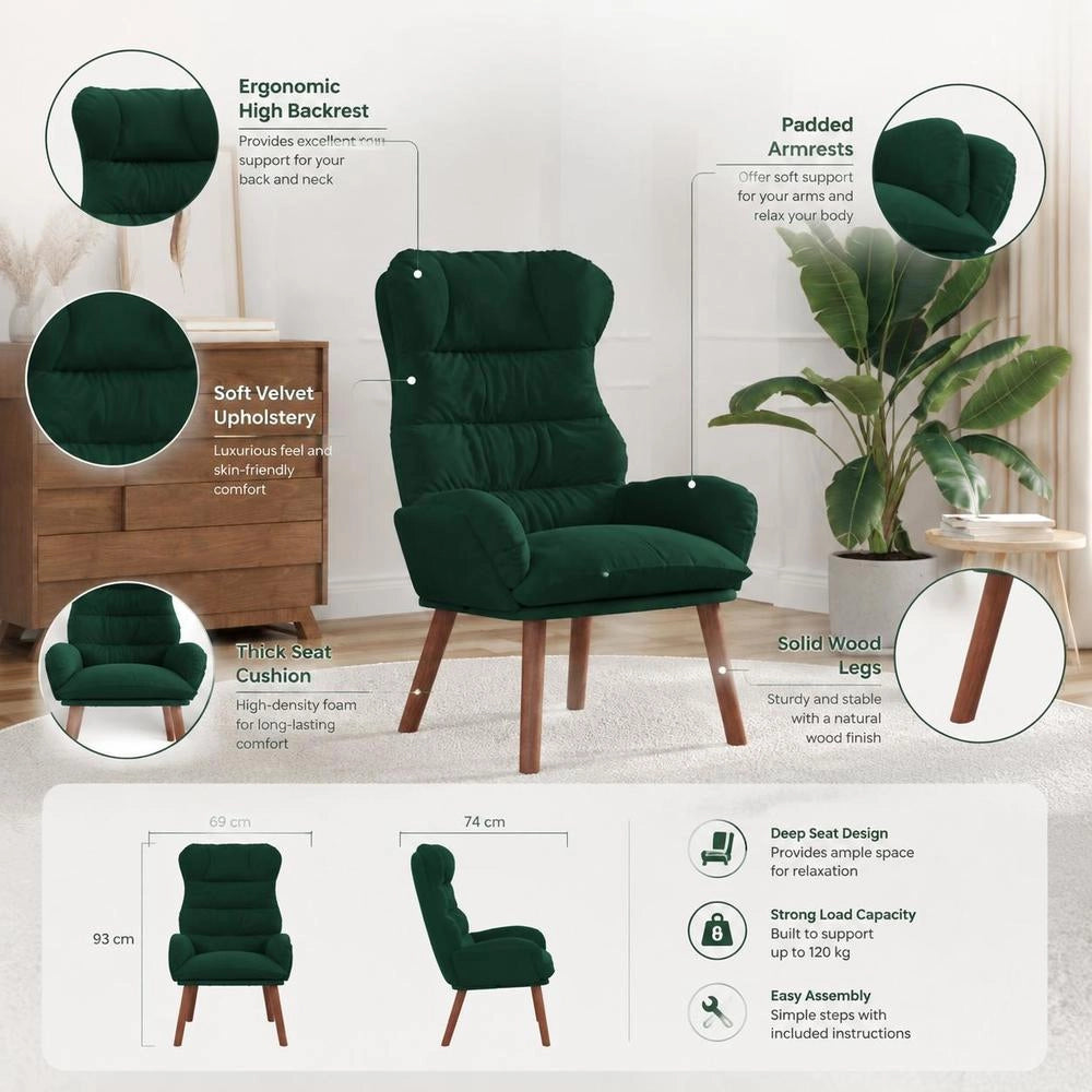 Poltrona relax in velluto verde scuro, 69x74x93 cm – confortevole e robusta, perfetta per salotto, stile moderno, ottimo regalo