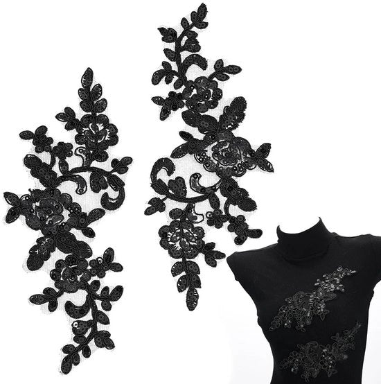 Appliques Decorative 4 pezzi - Paillettoni - Fiori di Foglia Nera - Fiori Decorativi - Poliestere - 24x10x0,15 cm - Patchs