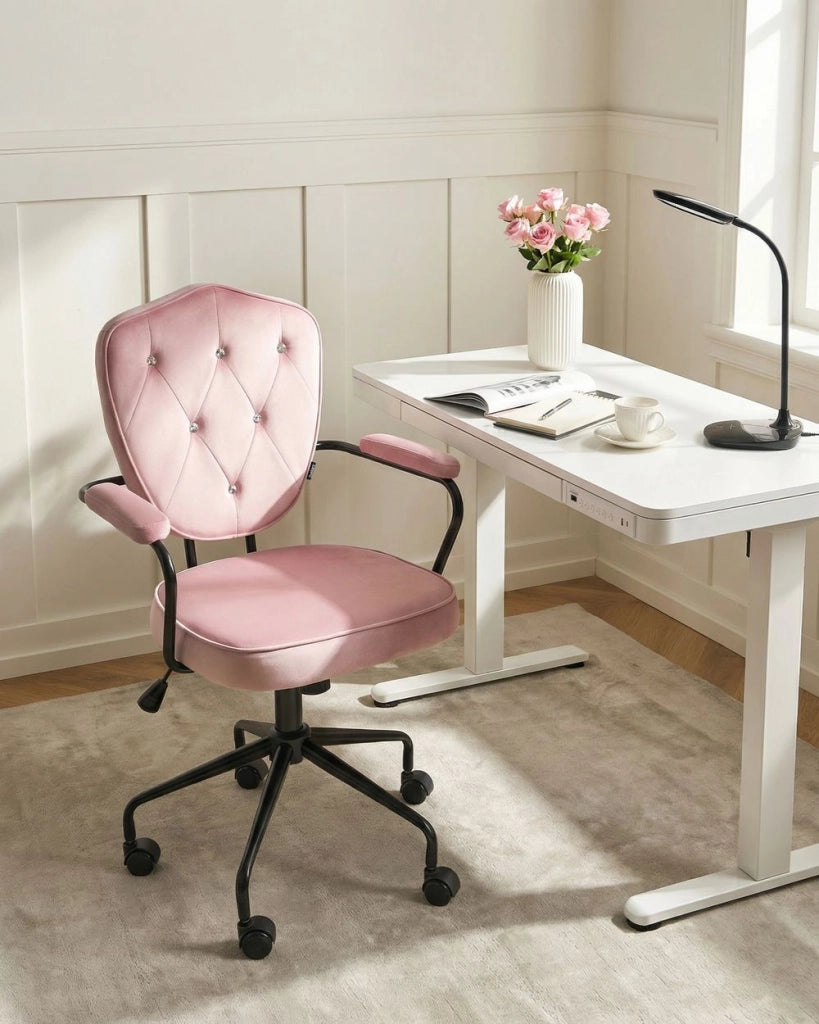 Sedia da ufficio in velluto rosa con seduta e schienale regolabili in altezza base completamente girevole stile glamour per l'ufficio domestico