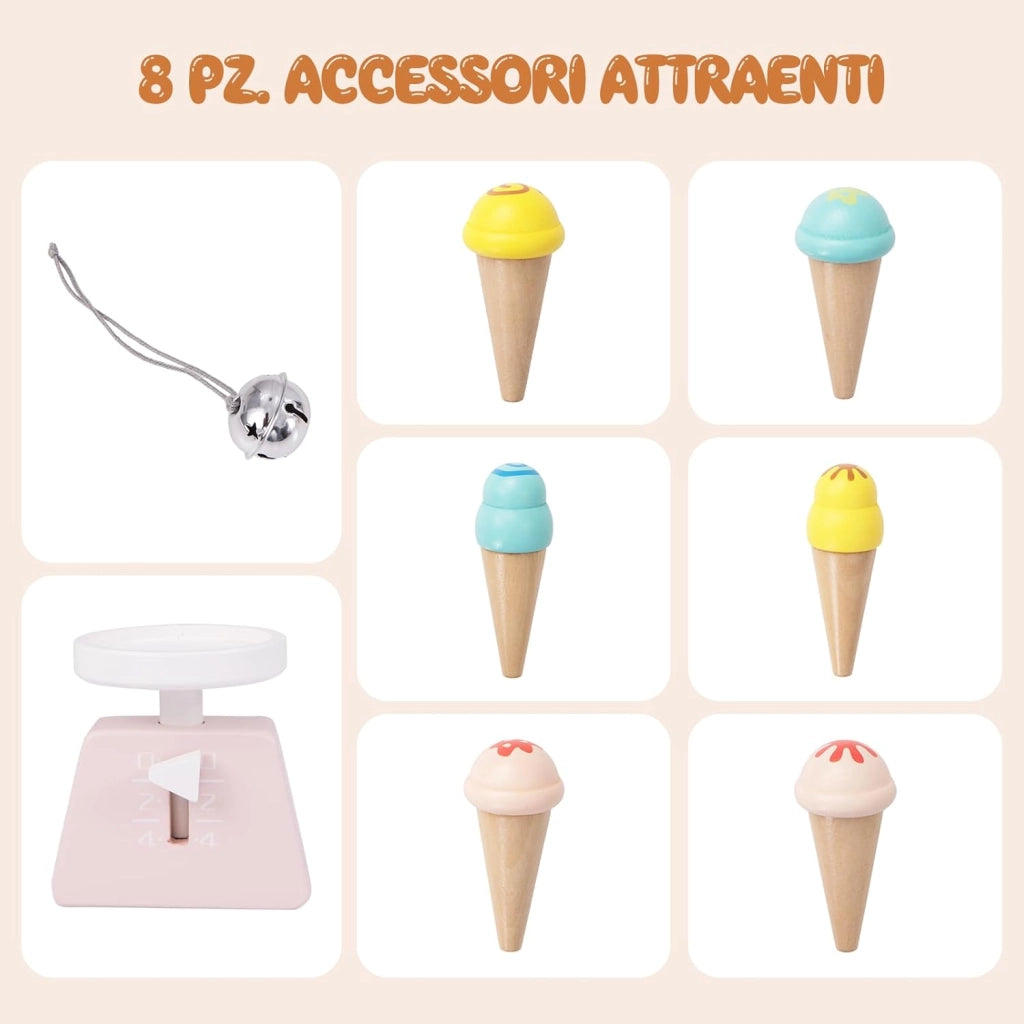 Carretto dei Gelati in Legno per Bambini, con 6 Gelati Giocattolo, Bilancia a Forma di A, Campanello Funzionante, Gelateria per Bambini + 3 Anni, 79 x 29 x 100 cm (Bianco)