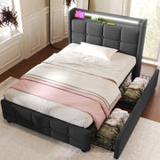 OKWISH Letto Singolo 90×200 cm con Prese, USB, LED Regolabile e 2 Cassetti, senza Materasso, in Legno, Grigio