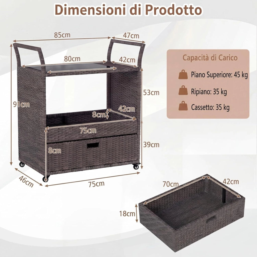 Carrello Bar in Rattan PE, Tavolo Bar da Esterno con Ruote, Ripiano Aperto, Cassetto e Piano in Vetro Temperato, Carrello di Servizio con Maniglie per Giardino, Cortile, Piscina, 85 X 47 X 92 CM