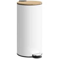 Bidone della Spazzatura per Cucina 30L con Pedale, Coperchio in Bambù con Chiusura Delicata e Cubo Estraibile, Bianco