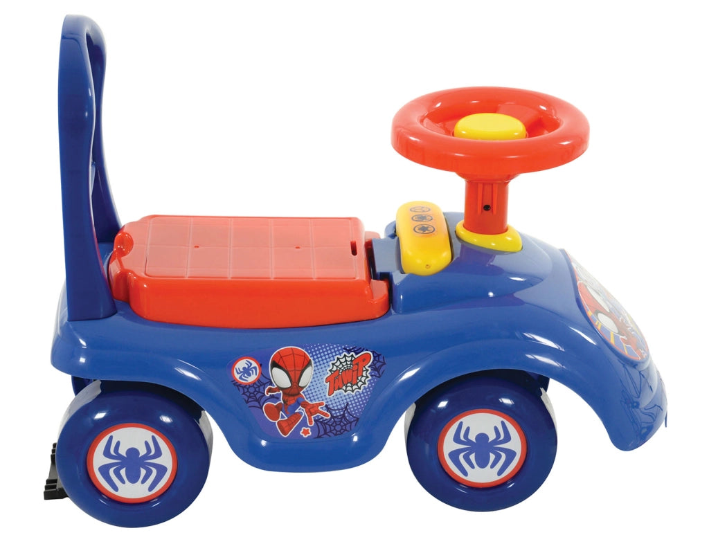 Macchina Cavalcabile per Bambini Volante Direzionabile Vano Contenitore e Telefono Marvel Spidey Blu