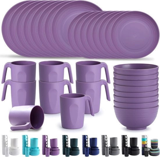 Set di piatti in plastica da 32 pezzi, riutilizzabile, piatti leggeri, tazze, ciotole, piatti, da pulire, resistente al forno a microonde, BPA libero, resistente al lavastoviglie, set da 8 pezzi