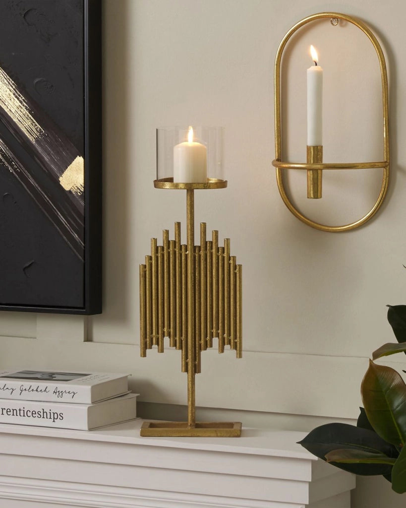 Portacandele moderno in metallo e vetro color oro 53 cm ideale per interno ed esterno