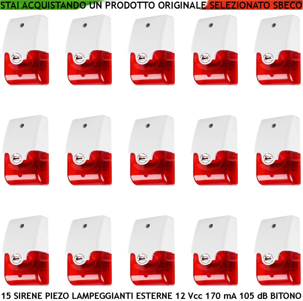 Sirena Piezoelettrica Lampeggiante 15 Pezzi Per Antifurto Melodia Bitono da 1500/4000 Hz 105 dB Alimentazione 12 Vcc Assorbimento 170mA 2 Fili Polarizzati  Contenitore ABS Allarme Interno Esterno IP44