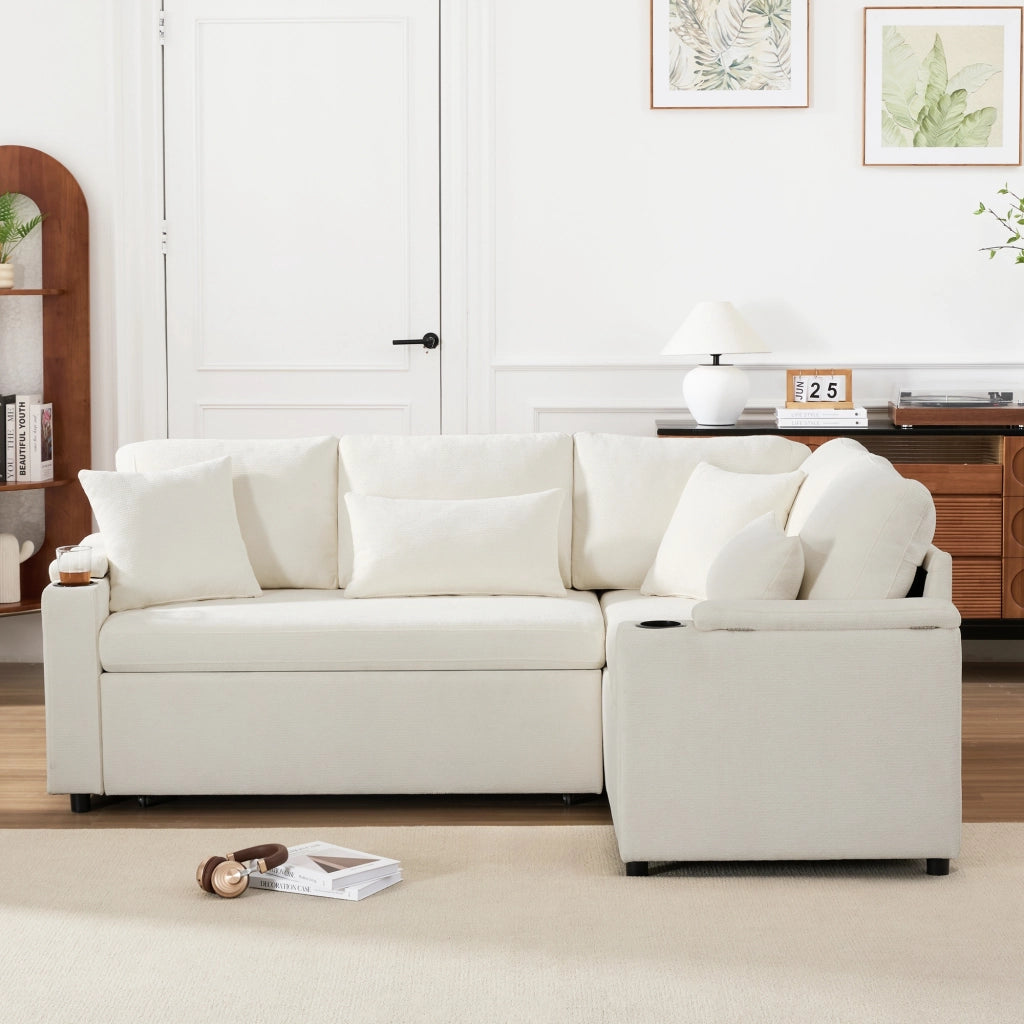 Divano angolare convertibile con chaise longue fissa; vano contenitore; portabicchieri e porta usb per soggiorno; beige; 206;5 Ã— 141 Ã— 86 cm