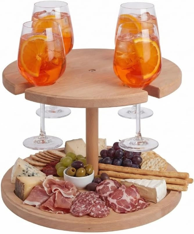 Tagliere Vassoio Aperitivo Porta Calici in Legno di Faggio 4 Posti