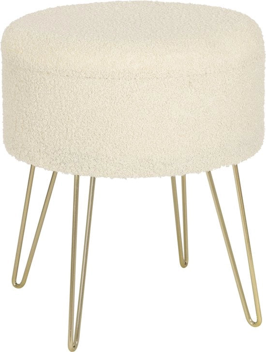 Poef Feri con spazio di stoccaggio - Rond - Sedia con spazio di stoccaggio - Sedia con cassettino - Sedia con schienale - Beige - Teddy - 39x39x44 cm