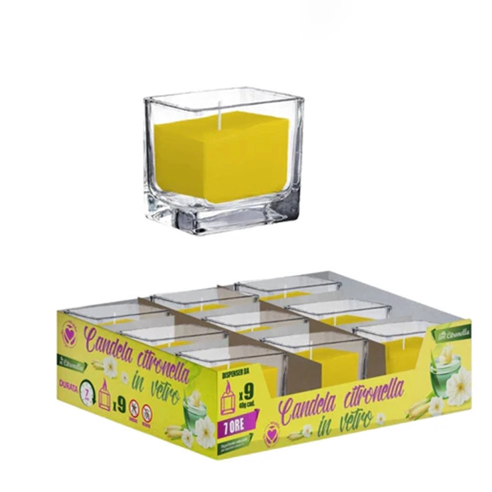 Trade Shop - Set 9pz Candela Alla Citronella In Vetro Quadrato Da 40 Gr Repellente Insetti 032619 -