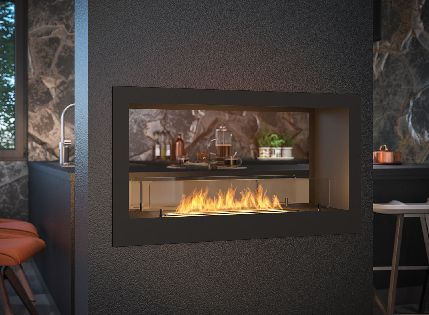 Camino a Bioetanolo da Incasso 90x50 cm Bifacciale 2 Side 900 Nero con Vetro