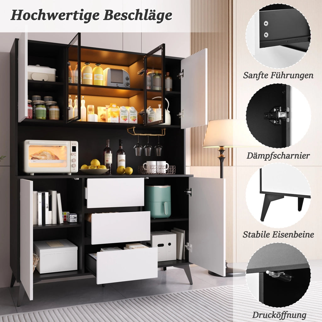 Mobile contenitore con vetrina in vetro, LED da app, 2 ante e 3 cassetti, per cucina e pranzo, 120 × 40 × 160 cm