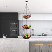 Fruitmand appeso, Fruitmand appeso con 3 strati, 115 cm Cestino da cucina per più spazio sul piano di lavoro, Cestino di metallo per verdure, Nero