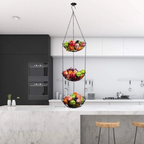 Fruitmand appeso, Fruitmand appeso con 3 strati, 115 cm Cestino da cucina per più spazio sul piano di lavoro, Cestino di metallo per verdure, Nero