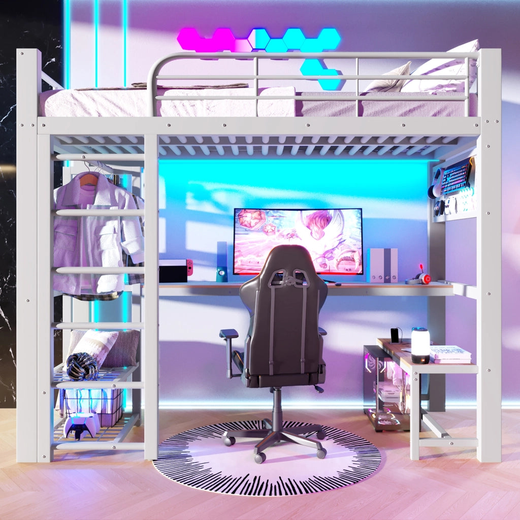 Letto a soppalco singolo 90×200 cm con LED; scrivania e ripiani; senza materasso; metallo; bianco