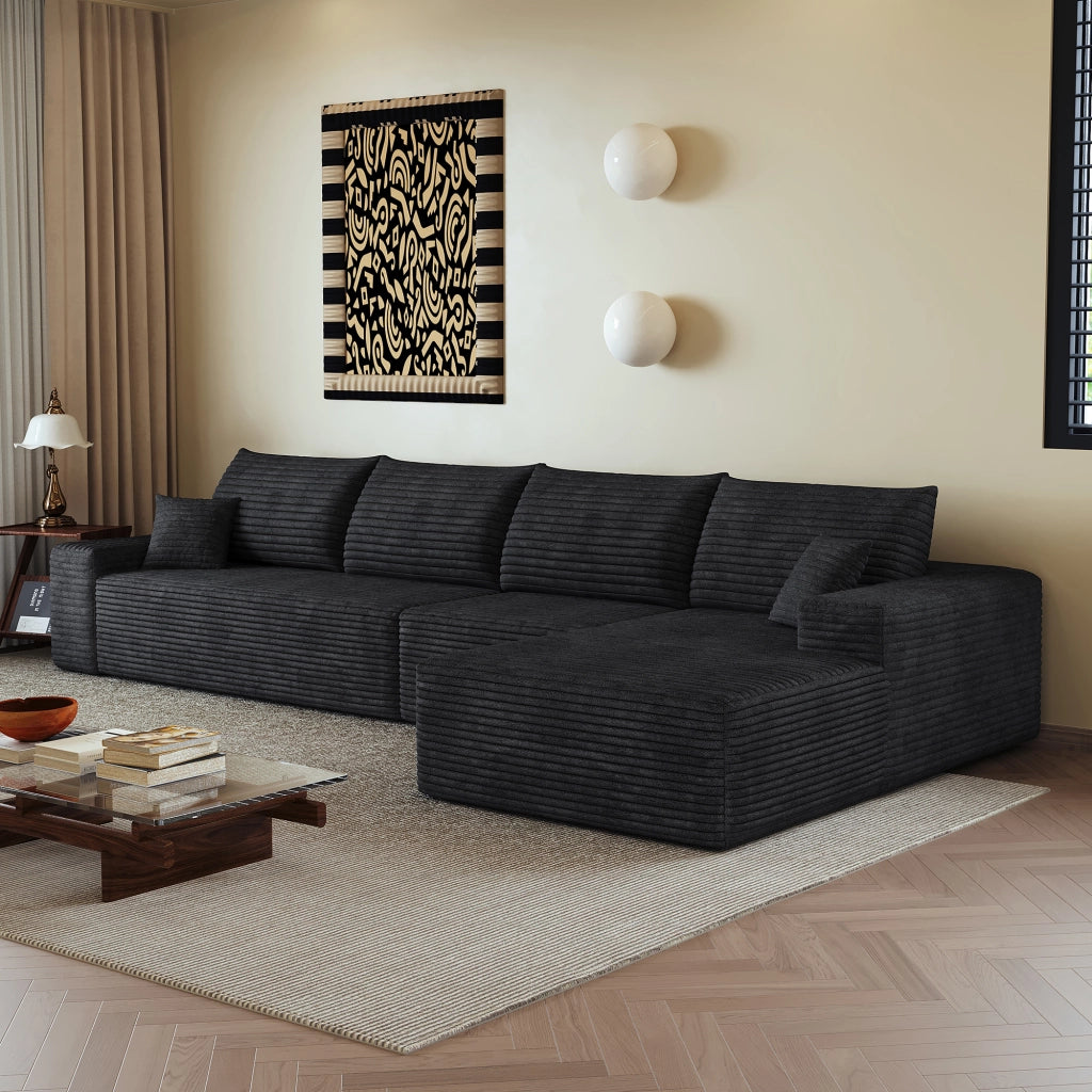 Divano angolare modulare con chaise longue e assise profonda in tessuto a coste nero senza montaggio per soggiorno