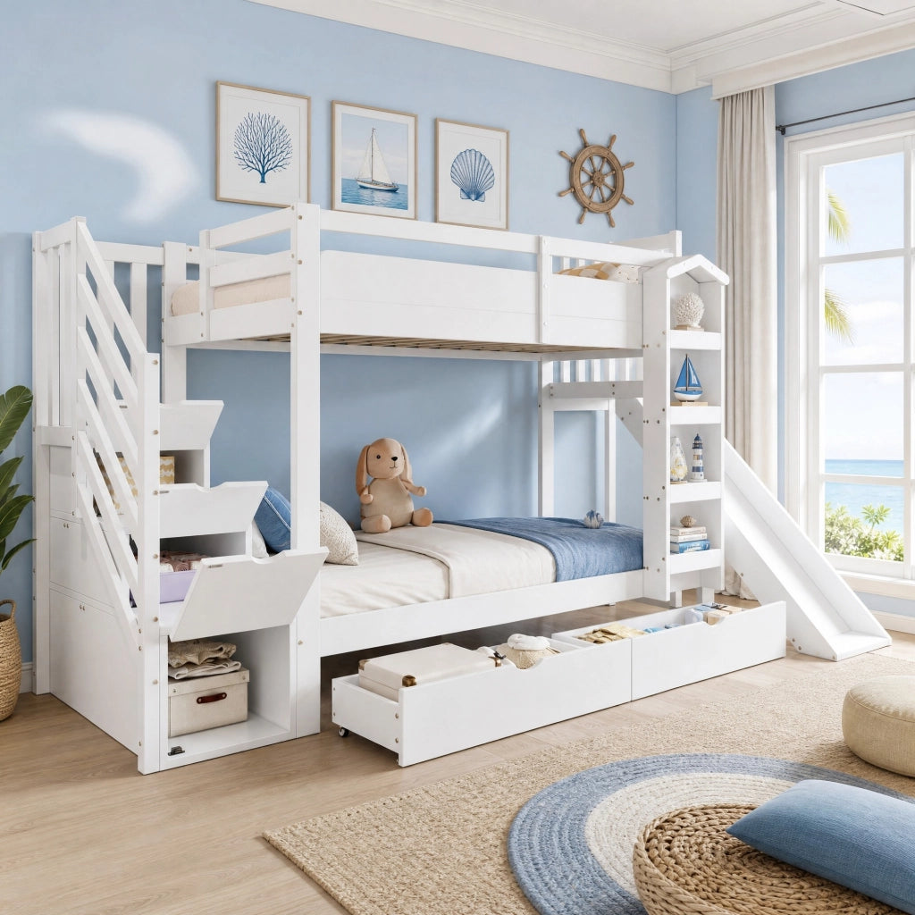 Letto a castello 90x200 cm con scivolo; scala contenitore e libreria; bianco