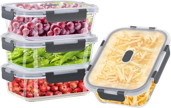 Set di contenitori alimentari in vetro da 8 pezzi (4 contenitori + 4 coperchi), contenitori in vetro con coperchi, resistente a forno a microonde, lavastoviglie e congelatore - contenitori per la preparazione delle pietanze in vetro