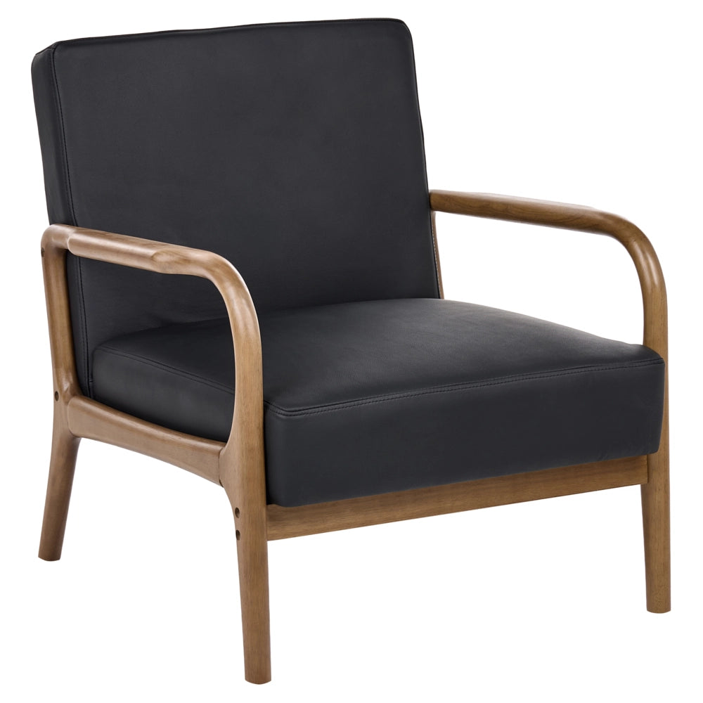Poltrona in pelle nera con struttura in legno, poltrona lounge retrò in stile Mid-Century Moderno
