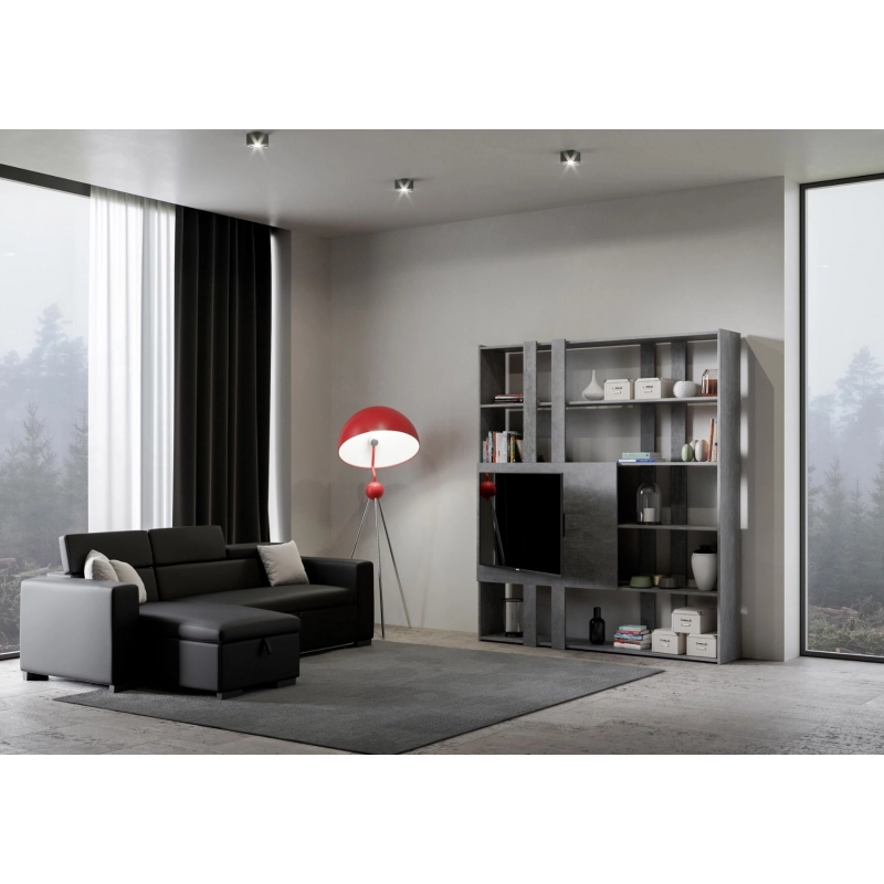 Composizione Libreria Kato 6R 2 fianchi 2 fasce lunghe 2 fasce corte 2 fasce medie pannello TV - Cemento,H
