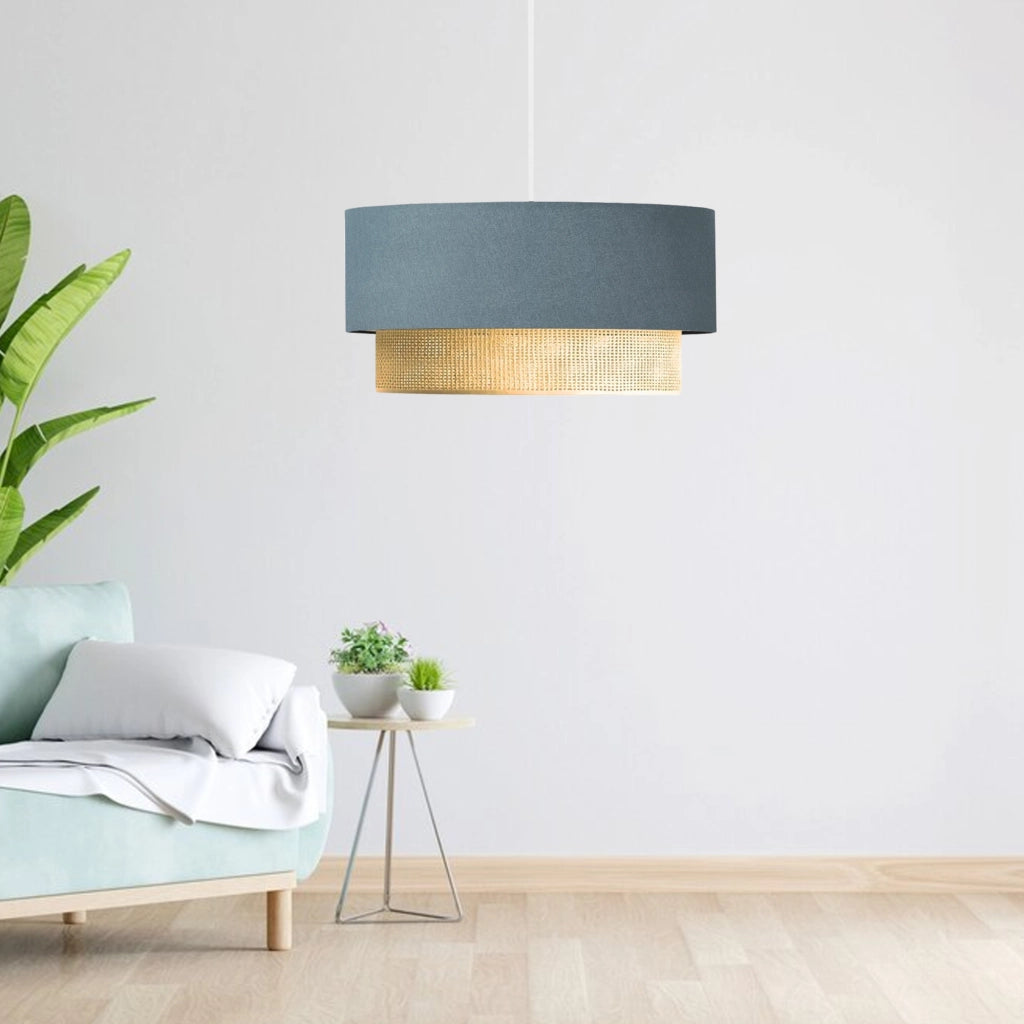 Lampada a Sospensione 'Loughborough' Lampada da Soffitto con Paralume a Doppio Cilindro Lampadario con Abat-jour in Tessuto - Blu Grigiastro / Giallo - lux.pro