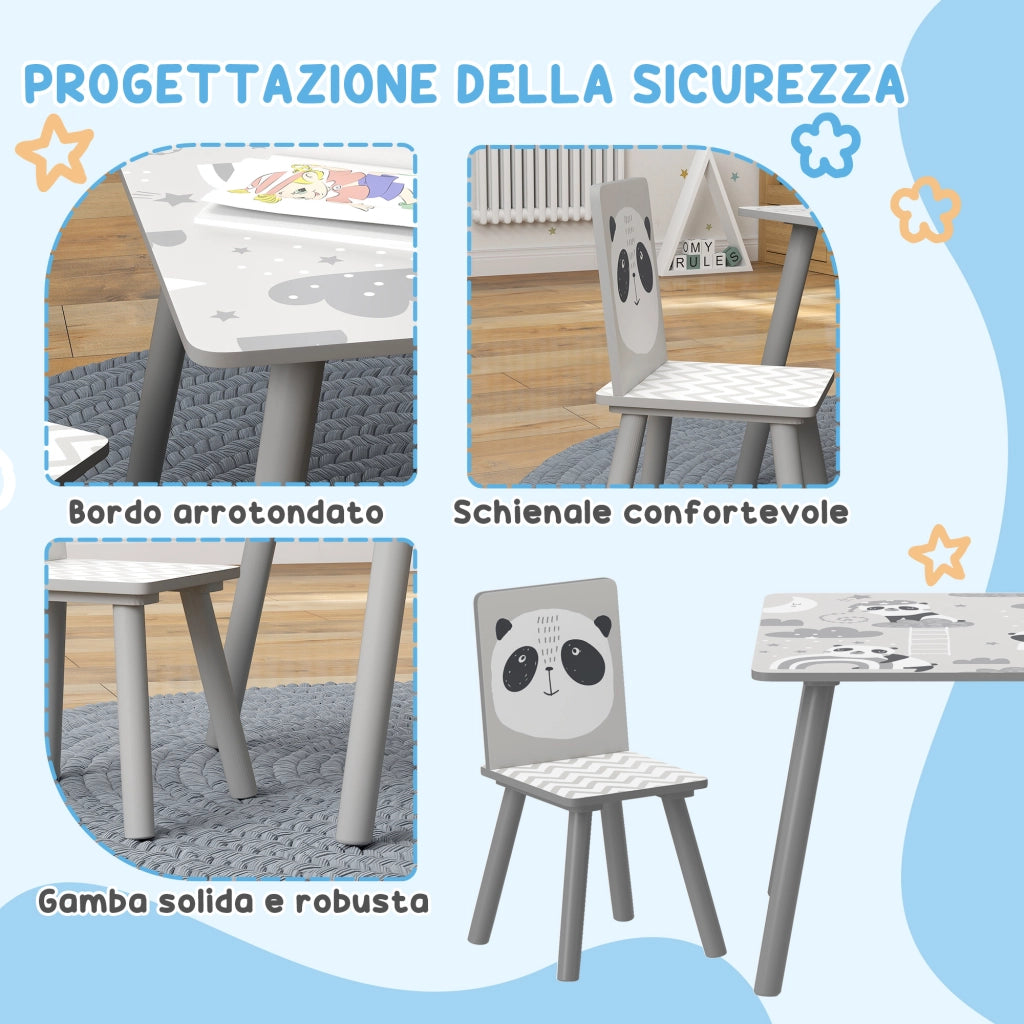 Set Tavolino e 2 Sedie per Bambini Panda in MDF e Legno di Pino Grigio