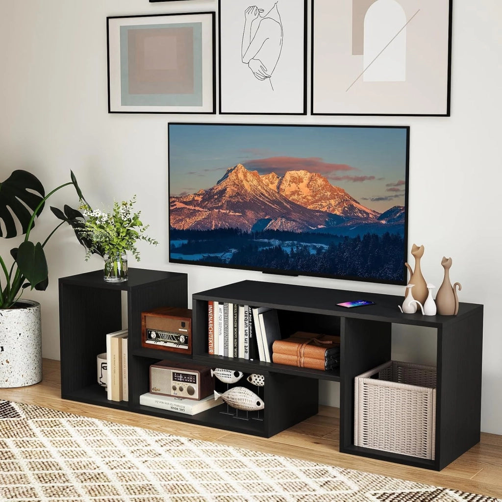 Mobile per TV, combinabile, in legno, 2 pezzi, per TV fino a 60 pollici, scaffale angolare multifunzionale, colore nero