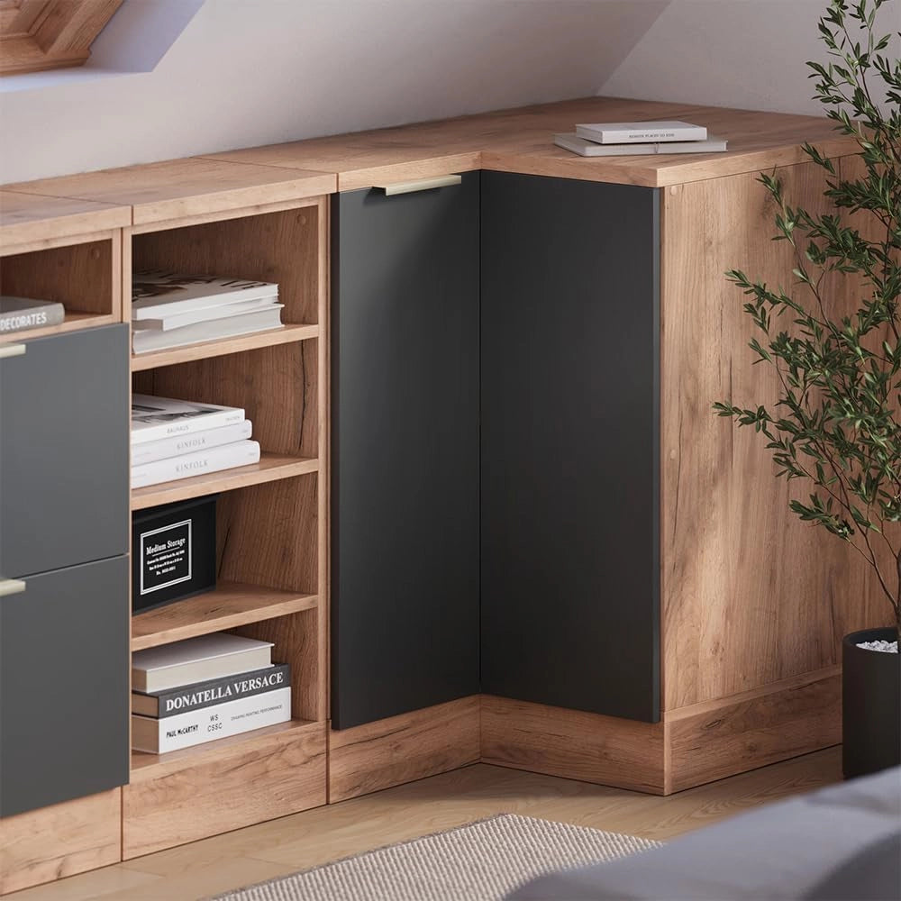 Mobile sottotetto Mobile angolare Rion, Antracite-oro, 75.6 x 81.6 cm con 1 porta, carcassa dell’armadio profondità 60 cm, adatto per il salvaspazio sotto tetti spioventi